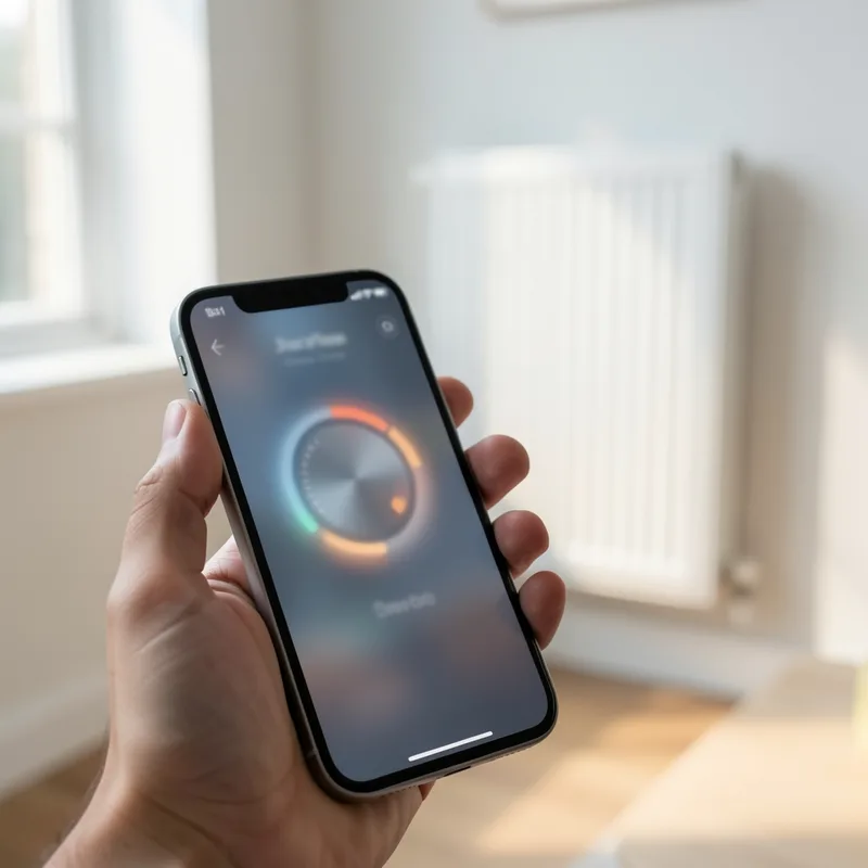 Radiateur électrique mural piloté depuis une application sur téléphone dans un séjour