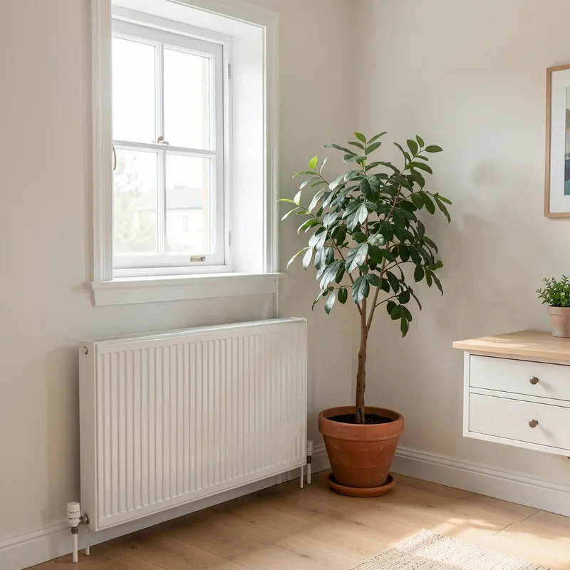 Radiateur à inertie moderne installé sous une fenêtre dans une pièce lumineuse