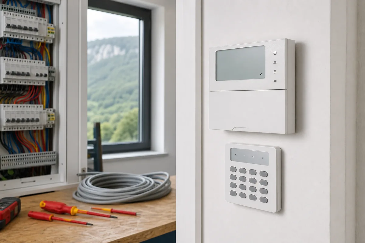 Centrale d&rsquo;alarme et clavier de commande installés dans une entrée