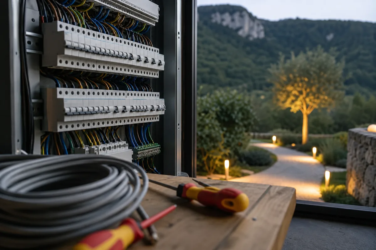Allée de jardin éclairée par des bornes basses et un uplight sur un arbre