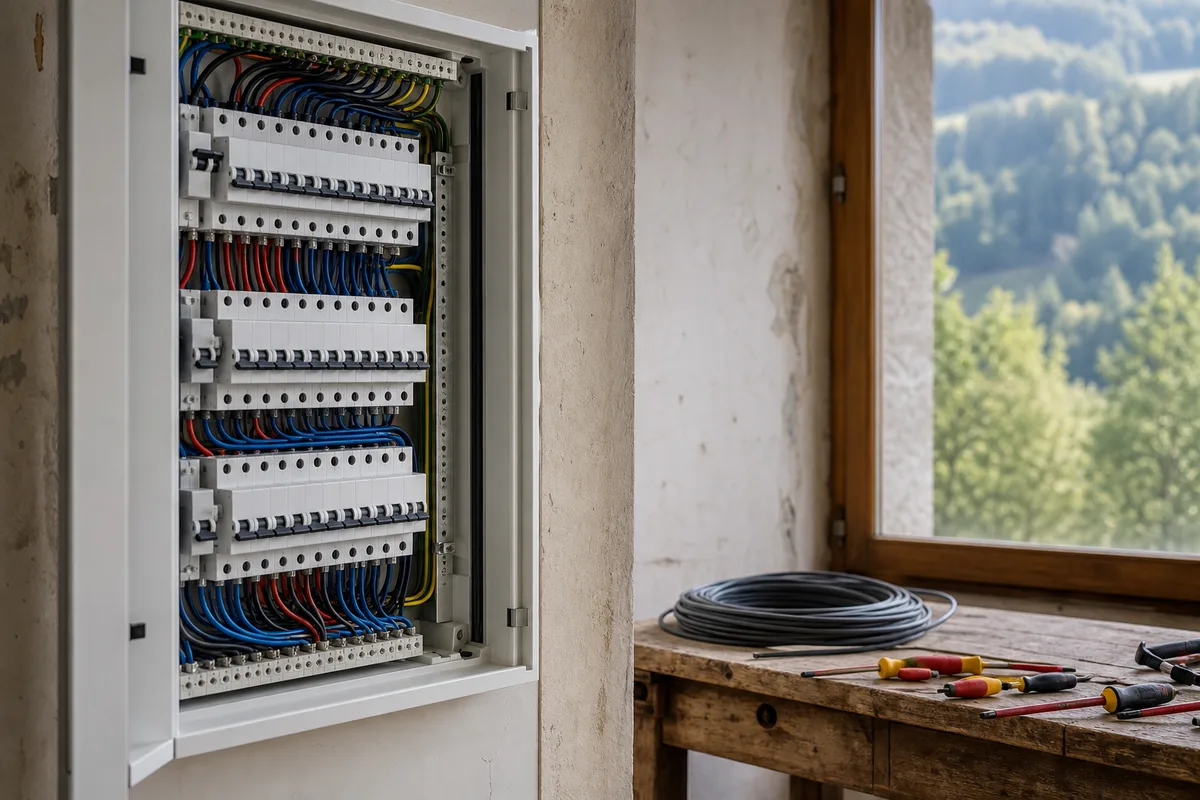 Tableau électrique ouvert dans le couloir d’une maison ancienne du Jura