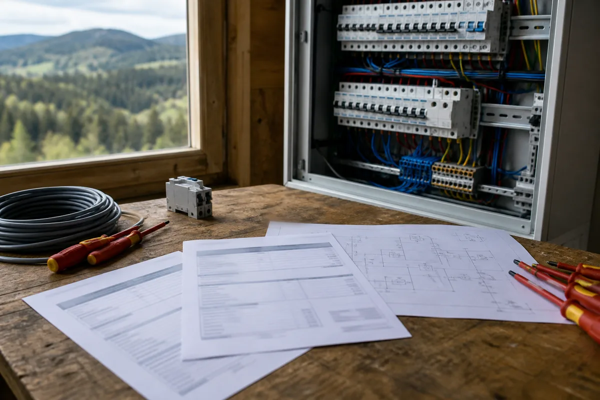 Deux devis d’électricité posés sur une table avec un plan de circuits