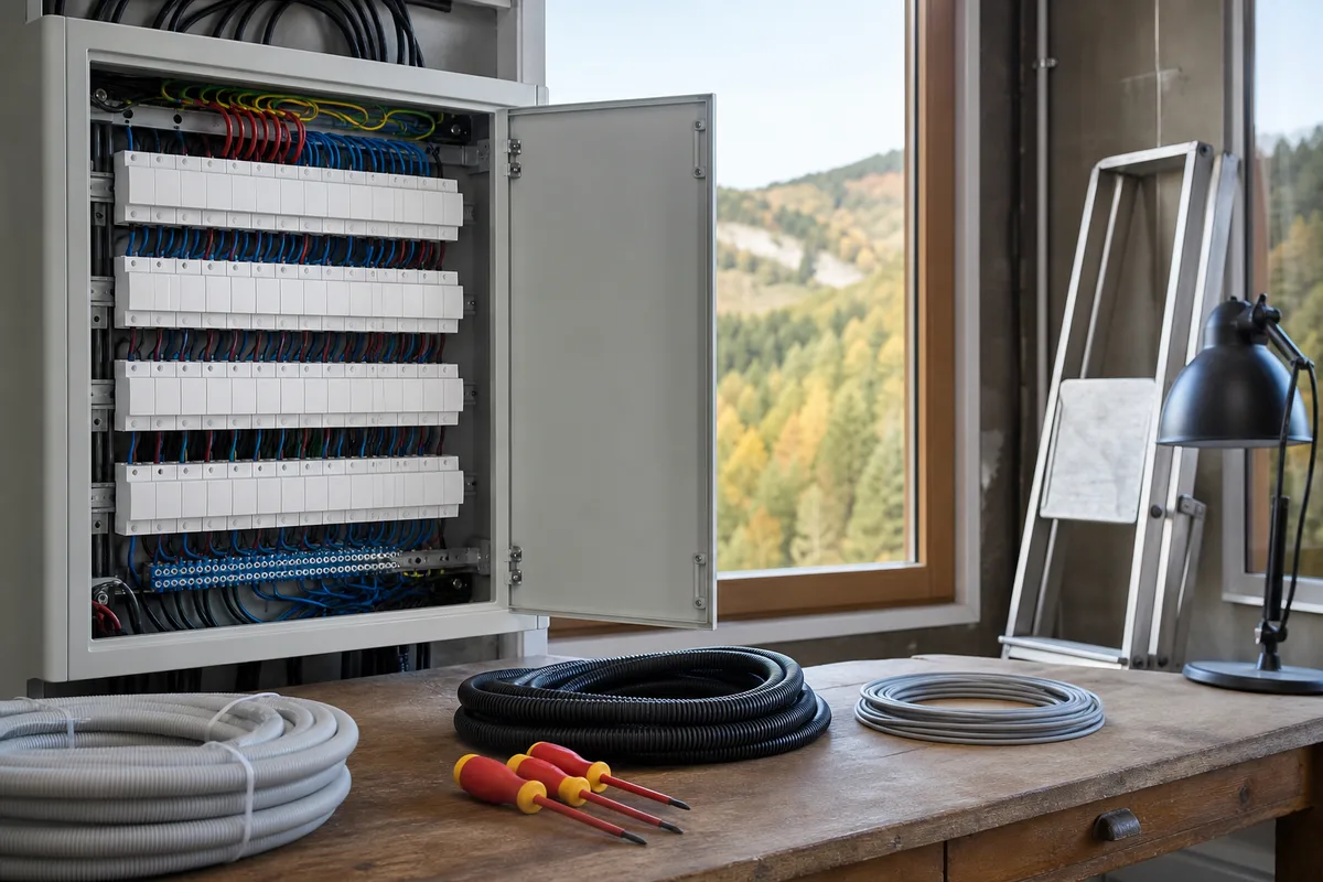 Tableau électrique ouvert aux disjoncteurs alignés dans une maison jurassienne en rénovation