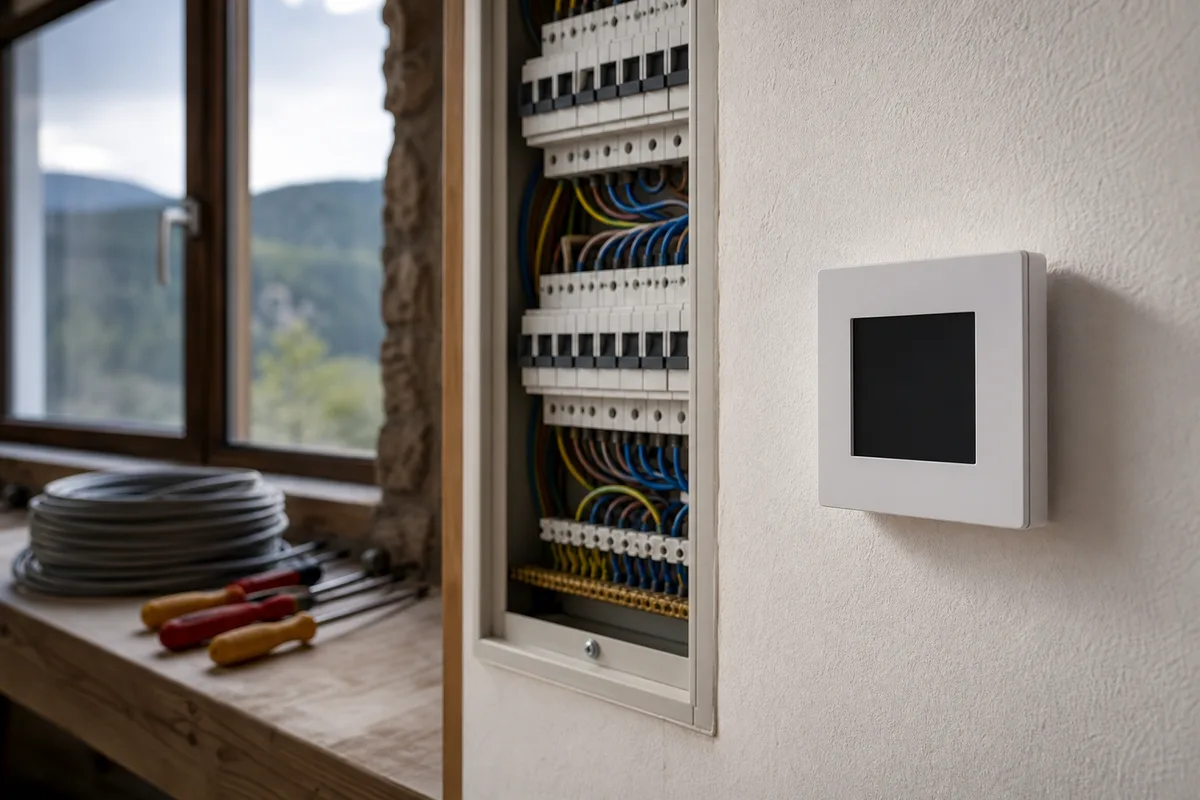 Thermostat programmable de plancher chauffant fixé sur un mur de séjour