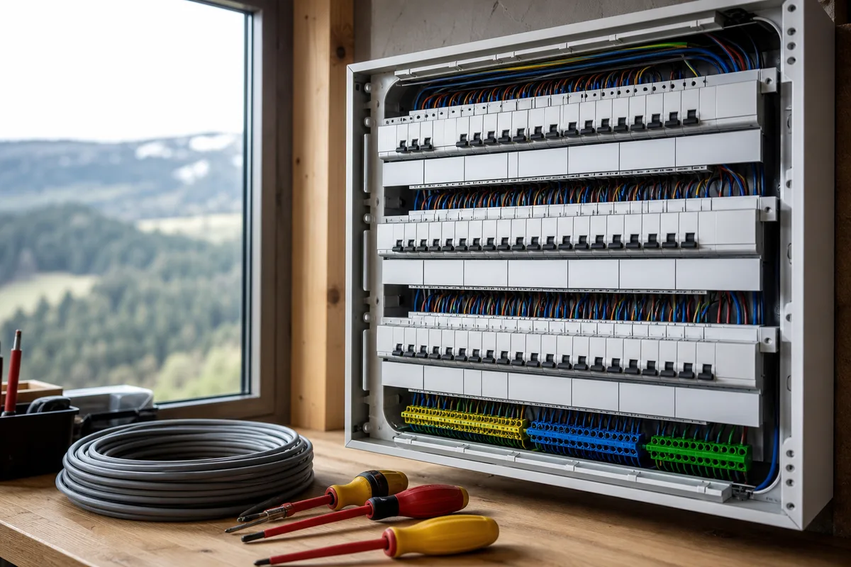 Tableau électrique neuf avec disjoncteurs alignés et étiquetage des circuits